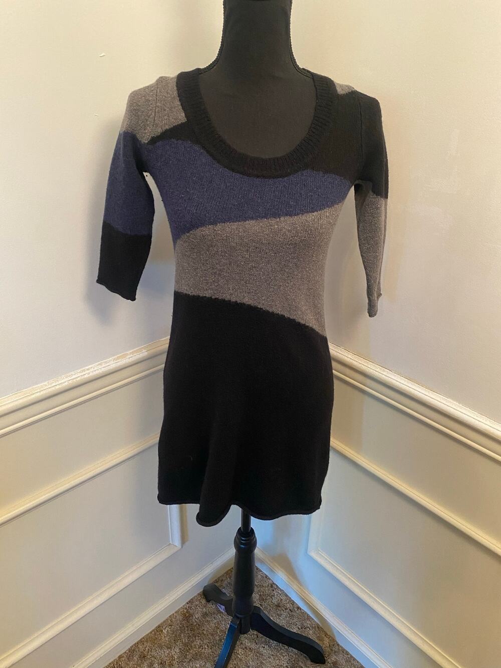 Margaret O'Leary Color Block Wool Sweater Dress Asymmetrical Pattern 3/4 Sleeve